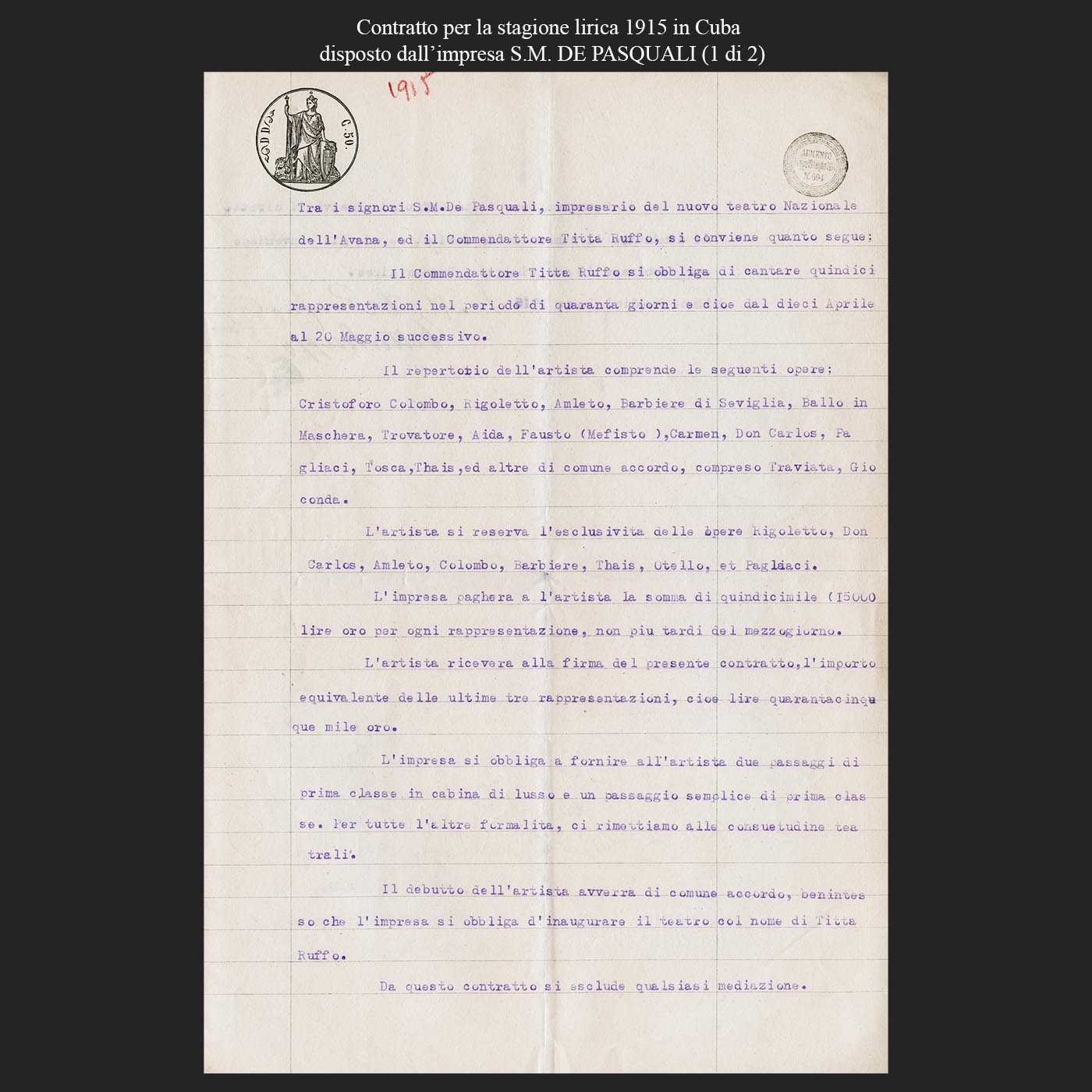 Contratto per la stagione lirica 1915 in Cuba disposto dall’impresa S.M. DE PASQUALI (1 di 2)