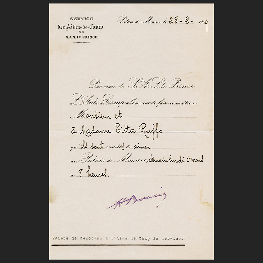 Invito ufficiale a un pranzo con S.A.S. il Principe di Monaco, Monaco, 28 febbraio 1909