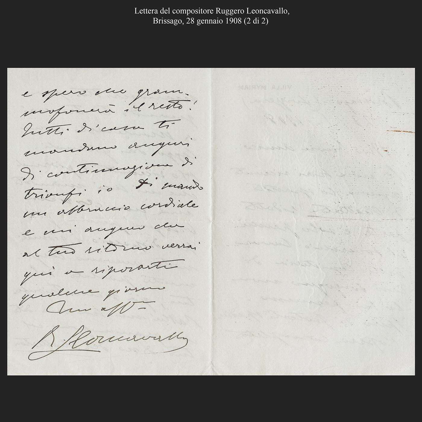 Lettera del compositore Ruggero Leoncavallo, Brissago, 28 gennaio 1908 (2di2)
