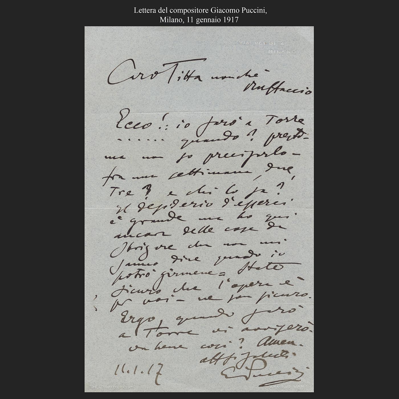 Lettera del compositore Giacomo Puccini, Milano, 11 gennaio 1917