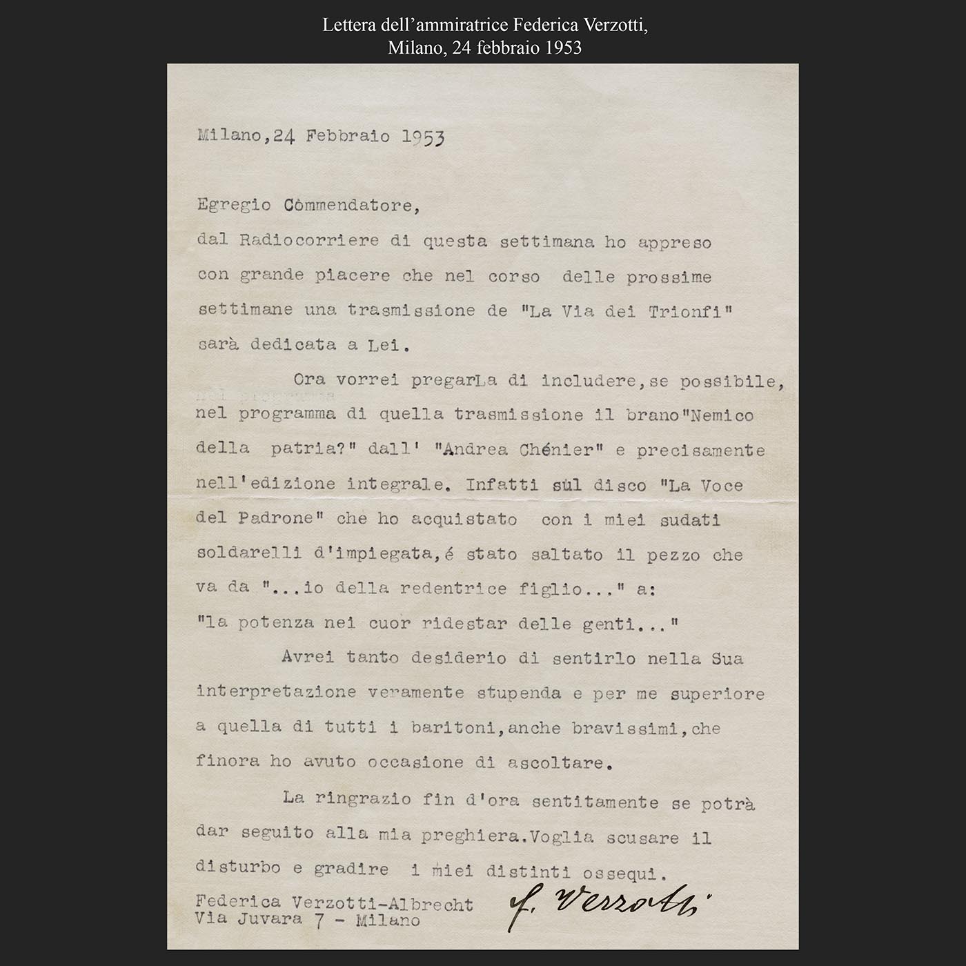 Lettera dell’ammiratrice Federica Verzotti, Milano, 24 febbraio 1953