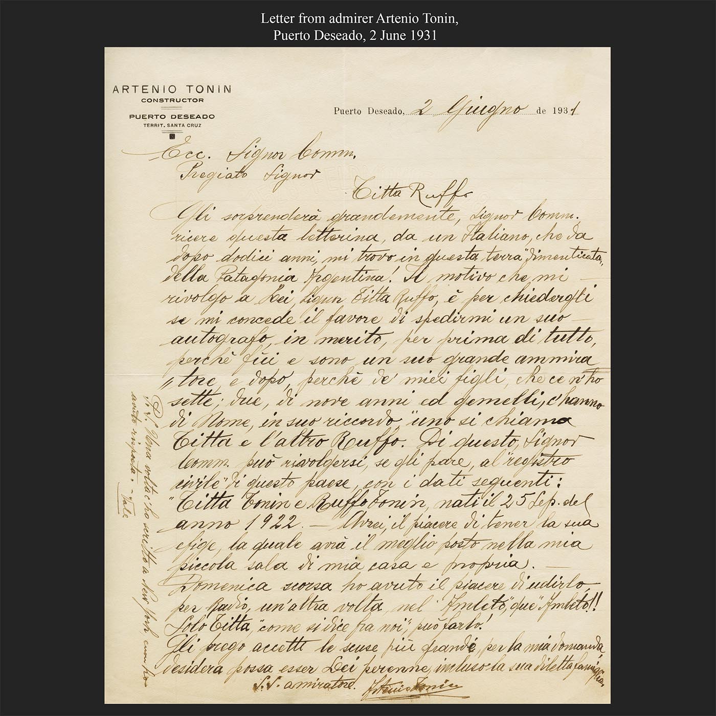 Letter from admirer Artenio Tonin, Puerto Deseado, 2 June 1931