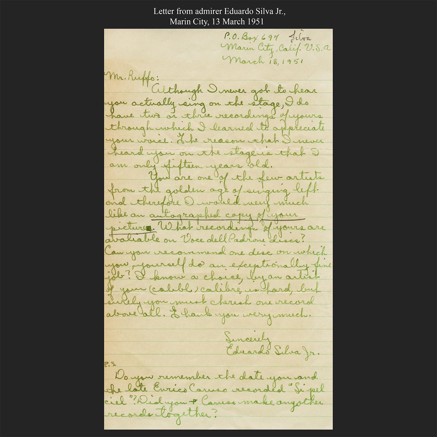 Letter from admirer Eduardo Silva Jr., Marin City, 13 March 1951
